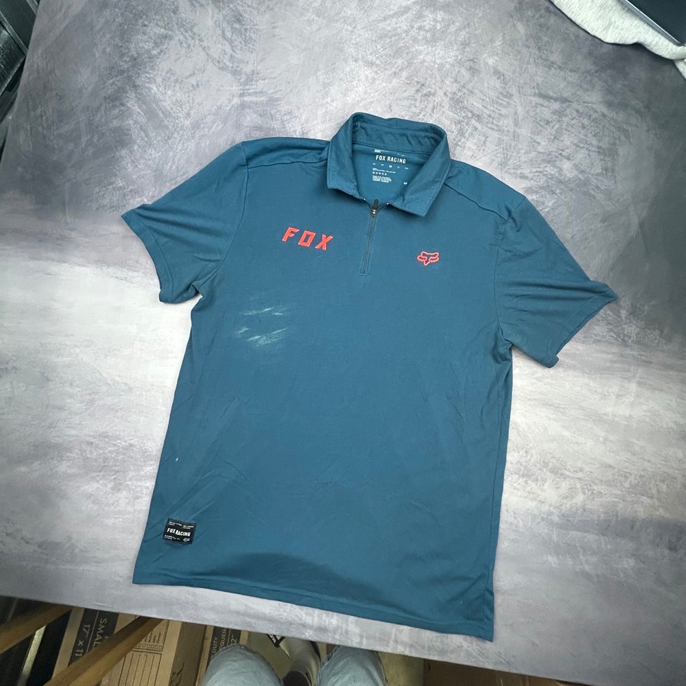 Fox Racing Tech Polo Shirt Mens Large Teal Blue Quarter Zip Y2K Motocross Logo